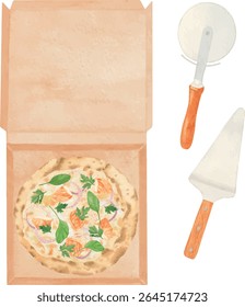 Conjunto de ilustrações vetoriais com Pizza de Frango Branco em uma caixa de entrega aberta vista de cima, um cortador de pizza (rolo) e uma casca de pizza (espátula). 