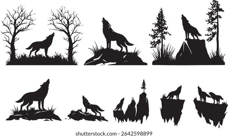 Set of vector illustrations featuring wolf silhouettes in different natural settings, isolated on white. Perfect for logos, designs, and more.