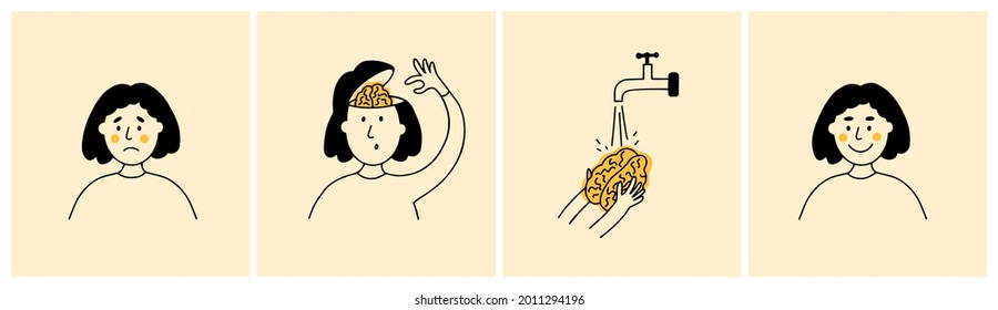 Set of vector illustrations of female character washing her brain. Brainwashing, clean mind concept. Sad woman takes brain out of head, cleaning it water under tap. Happiness, mental health, self care