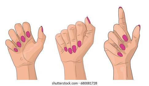 A set of vector illustrations. Female hand with painted nails on a white background.
