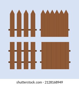 Set of vector illustrations of the fence. Different kinds of fence. Wooden fence in brown color. Vector fence in flat cartoon style