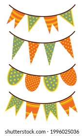 Set of vector illustrations of festive garlands. Isolated icons on a white background. Colorful holiday flags with polka dots, stripes. Banners hang on a rope. Decoration for  party.Flat cartoon style