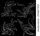 Set of vector illustrations of a fights between women-fighters MMA. Black and white linear graphic. Hand drawing. Good for advertising goals, such as invitations, post cards, booklets, wrapping paper