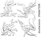 Set of vector illustrations of a fights between women-fighters MMA. Black and white linear graphic. Hand drawing. Good for advertising goals, such as invitations, post cards, booklets wrapping paper 