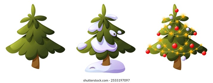 Set of vector illustrations of fir trees in three different situations. Green forest spruce. Winter tree in snow. Christmas tree decorated with toys and garland. Happy New Year concept.