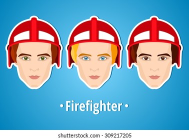Set of vector illustrations of a firefighter. Man firefighter. Icon. Flat icon. Minimalism. The stylized Man. Occupation. Job. Uniforms, fire helmet. 