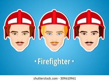 Set of vector illustrations of a firefighter. Man firefighter. Icon. Flat icon. Minimalism. The stylized Man. Occupation. Job. Uniforms, fire helmet. The mustachioed man.