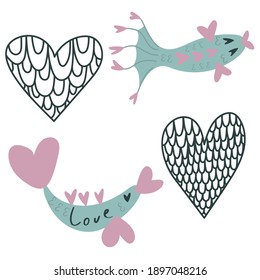 Set of vector illustrations of fish and hearts for Valentine's Day. Hearts with a scale pattern. Fish with heart-shaped fins. Blue and pink colors. Fishes of love.