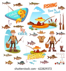 The set of vector illustrations with the fishermen and the different fish. 