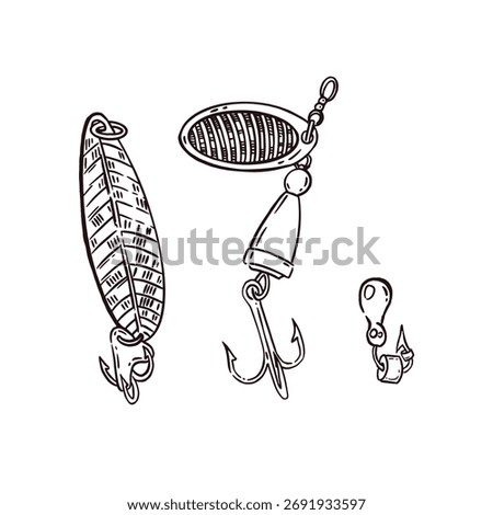 A set of vector illustrations, a fishing bait, hooks, a spoon, all hand-drawn in ink. The illustration is suitable for fishing product packaging design, printing on fabric, paper.