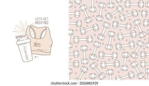 Set of vector illustrations. Fitness, gym, workout at home, and self-care. Seamless pattern with dumbbells. Linear drawing. Sports top, protein shaker, and lettering. Inscription Let's get moving.