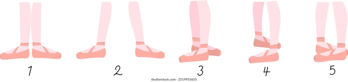 Set of vector illustrations of five classical ballet foot positions