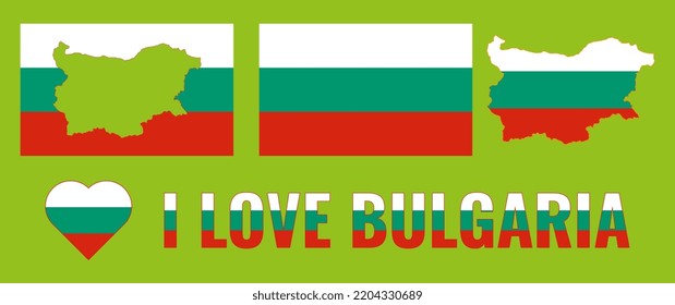 Set of vector illustrations with flag of Bulgaria, country outline map and heart. Travel concept.
