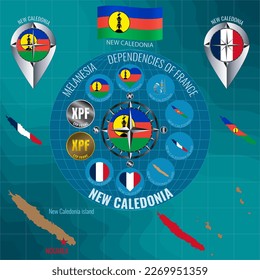 Set of vector illustrations of flag, contour map, money, icons of New Caledonia. DEPENDENCIES OF FRANCE. Travel concept.
