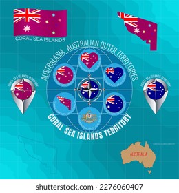 Set of vector illustrations of flag, outline map, icons CORAL SEA ISLANDS TERRITORY. AUSTRALIAN OUTER TERRITORIES. Travel concept.
