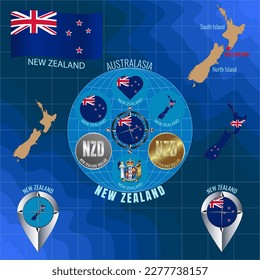 Set of vector illustrations of flag, outline map, icons of NEW ZEALAND. Travel concept.
