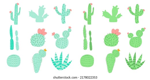 Set of vector illustrations with flat cacti two color options. Cacti with flowers. Lovely houseplants. Plants of the desert and Mexico.