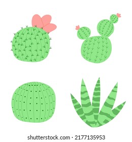 Set of vector illustrations with flat cactus bright colors. Cacti with flowers. Lovely houseplants. Plants of the desert and Mexico