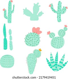 Set of vector illustrations with flat cactus bright colors. Cacti with flowers. Lovely houseplants. Plants of the desert and Mexico