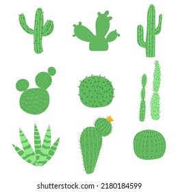 Set of vector illustrations with flat cactus bright colors. Cacti with flowers. Lovely houseplants. Plants of the desert and Mexico