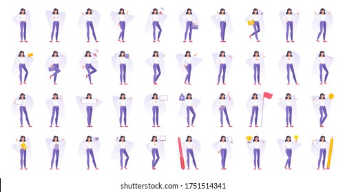 Set of vector illustrations flat cartoon female manager character design with various objects doing creative activities during work in office