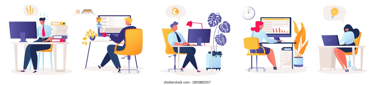 Set of vector illustrations with flat cartoon characters working in office, co-working space or remotely at home, freelance, self-employment. People work at computers and laptops in modern interior.