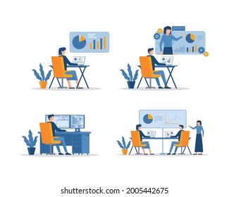 Set of vector illustrations with flat cartoon characters working in office, co working space or remotely at home, freelance, self employment. People work at computers and laptops in modern interior