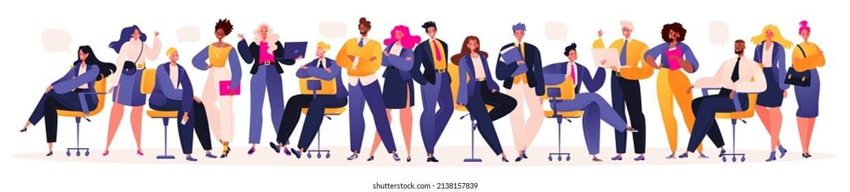 Set of vector illustrations with flat cartoon characters.Men and women in suits are invited to become part of their team. Searching for employees, inviting to work in office, become part of business.