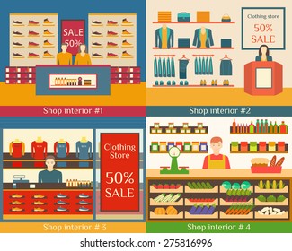 Set of vector illustrations of flat clothing stores, food and beverage sellers.