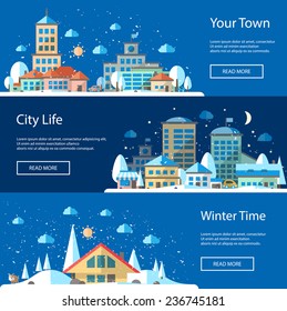 Set of vector illustrations of flat design urban winter landscape compositions