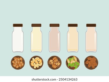 Set of vector illustrations Flat design of healthy food Pea milk packed in a glass jar Set of nuts, seeds, almonds, cashew nuts, walnuts, pistachios, pecans, and other elements isolated on background.
