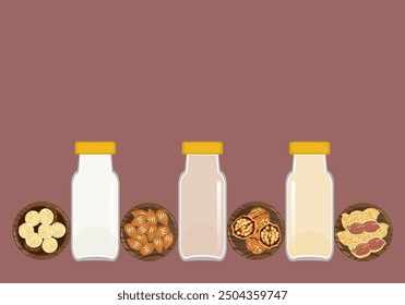 Set of vector illustrations Flat design of healthy food Pea milk packed in a glass jar Set of nuts, seeds, macadamias, almonds, walnuts, peanuts, and other elements isolated on the background.