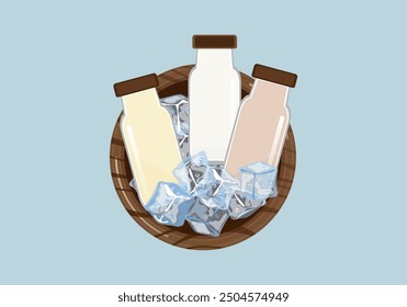 Set of vector illustrations Flat design of healthy food, nut milk, soybean, packed in a cool glass jar. Soak ice cubes in a wooden cup of nuts, seeds, and isolated elements in the background.