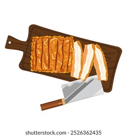 Set of vector illustrations, flat design, delicious food. Thai food. Crispy pork. Crispy fried pork belly. Cut into pieces on a cutting board Cooking from a top view Isolated from the background. 