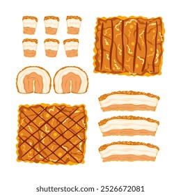 Set of vector illustrations, flat design, delicious food. Thai food. Crispy pork. Crispy fried pork belly  Sliced Cooking from the top view Isolated from the background, recipe, menu, restaurant.