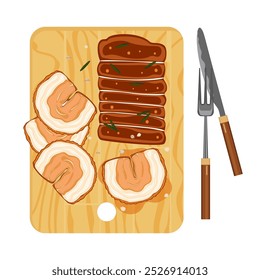 Conjunto de Ilustraciones vectoriales, diseño plano, deliciosa comida. Comida tailandesa. Rollos de cerdo crujientes. Panceta de cerdo frita y crujiente. Cortar en pedazos en una tabla de cortar Cocinar desde una vista superior Aislado del fondo