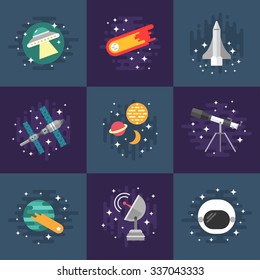 Set of Vector Illustrations in Flat Design Style. Space Theme. Planets, Rockets, Stars, Comet