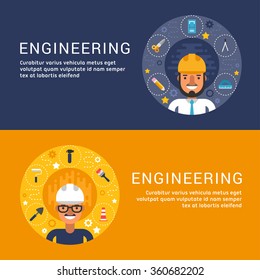 Set of Vector Illustrations in Flat Design Style. Building Icons and Objects in the Shape of Circle. Engineer Cartoon Character