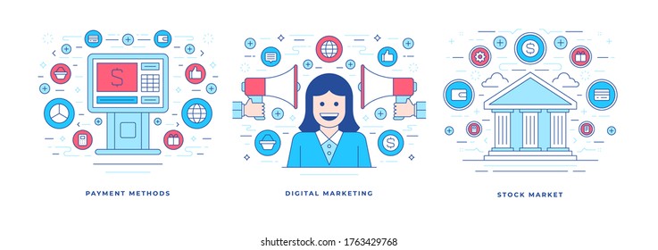 Set of vector illustrations of flat line banners designs with colorful graphic icons created for websites advertising various financial services. Linear style design template.