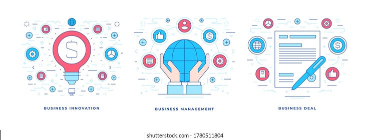 Set of vector illustrations of flat line banners with icons representing business innovation and management solutions leading to deal consummation. Linear style design template.