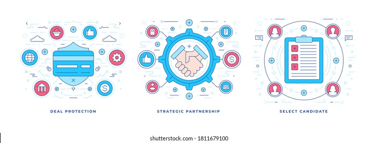 Set of vector illustrations flat linear banners with graphic icons dedicated to candidate selection for secure business deal consummation. Linear style design template.