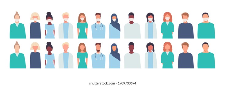 Set of vector illustrations in flat style isolated on white. Modern, multiethnic society. Men and women. Doctors, nurses, healthcare workers, medical staff in masks. Medicine, working in hospital