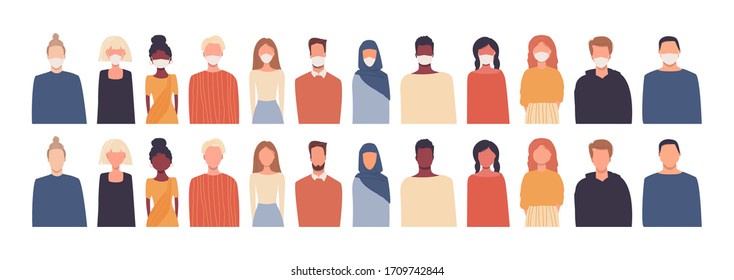 Set of vector illustrations in flat style. Modern multicultural, multiethnic society. European, african, asian, american. Men and women. People wearing medical masks. Coronavirus pandemic, quarantine