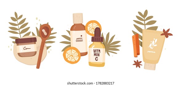 Set of vector illustrations in flat style. Serum with vitamin c, cream, lotion. Drawn cosmetics packaging, tropical leaves, fruits. Isolated composition on white background. Skin Care, Treatment, Spa.