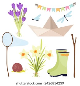 Set of vector illustrations in flat style on a white background. Spring set of decorative elements. Flowers, insects, boat, net, rubber boots in flat style.
