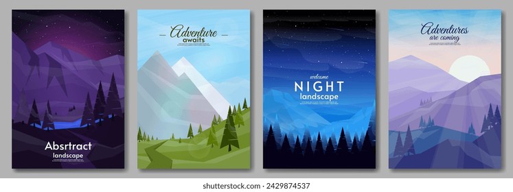Set of vector illustrations. Flat style illustration. Design for poster, postcard, brochure. Landscape with mountains, river and forest.
