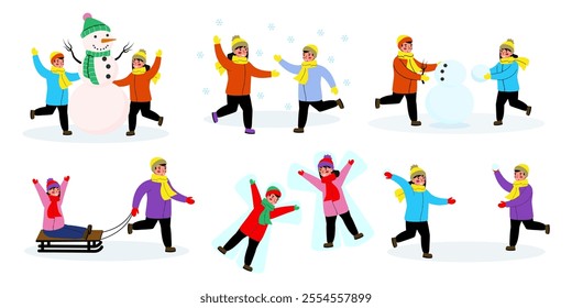 set of vector illustrations in flat style, children spend time in winter: making a snowman, playing snowballs, sledding, making snow angel.