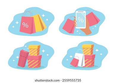 set of vector illustrations in flat style on the theme of shopping and discounts.