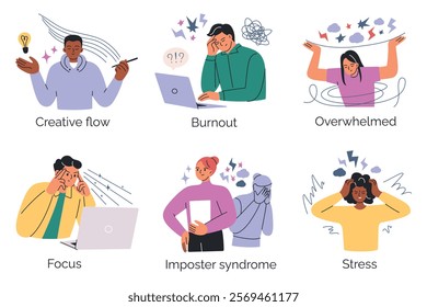 Set of vector illustrations in flat style, various emotional and mental states, creative flow, burnout, feeling overwhelmed, focus, imposter syndrome, stress. Cartoon characters with symbolic elements