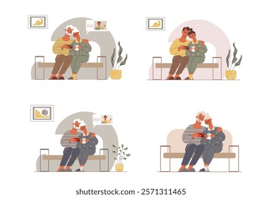 Set of vector illustrations in a flat style with a people. Friendly family in a home clothes. Relationships of parents and children. Mom and dad, grandma and grandpa chatting. Family values.